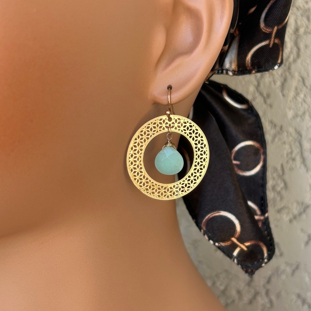 Bohemian Gold Tone Filigree Design & Aventurine Stone Earrings